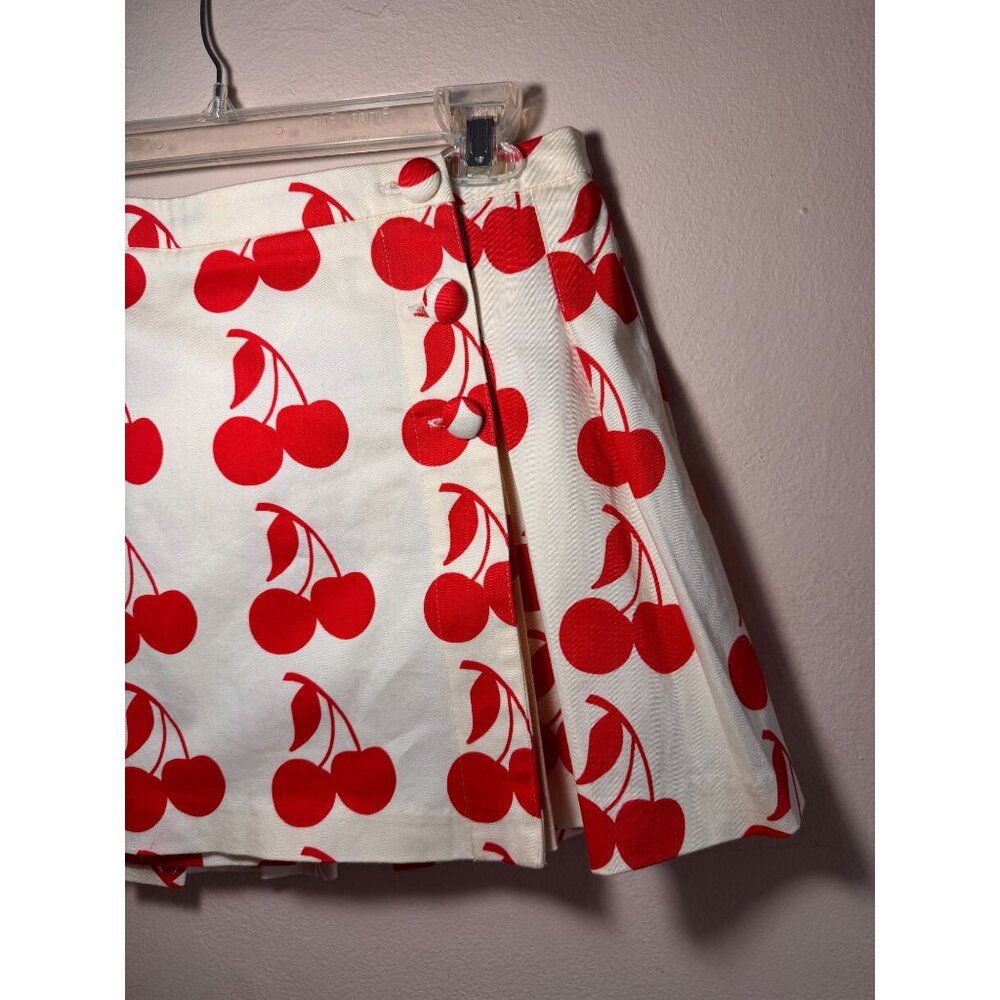 Vintage Luella Bartley Cherry Print Pleated Wrap Mini Skirt Size 3 - Picture 3 of 9